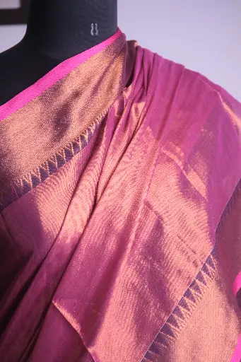 Radiant Elegance: Pink Tissue Linen Saree with Gold Zari Border